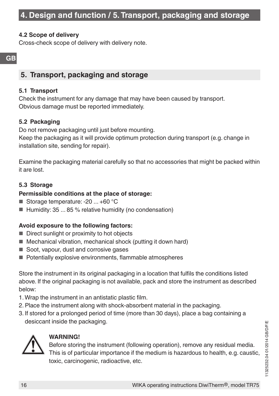 Transport, packaging and storage | WIKA TR75 User Manual | Page 16 / 92