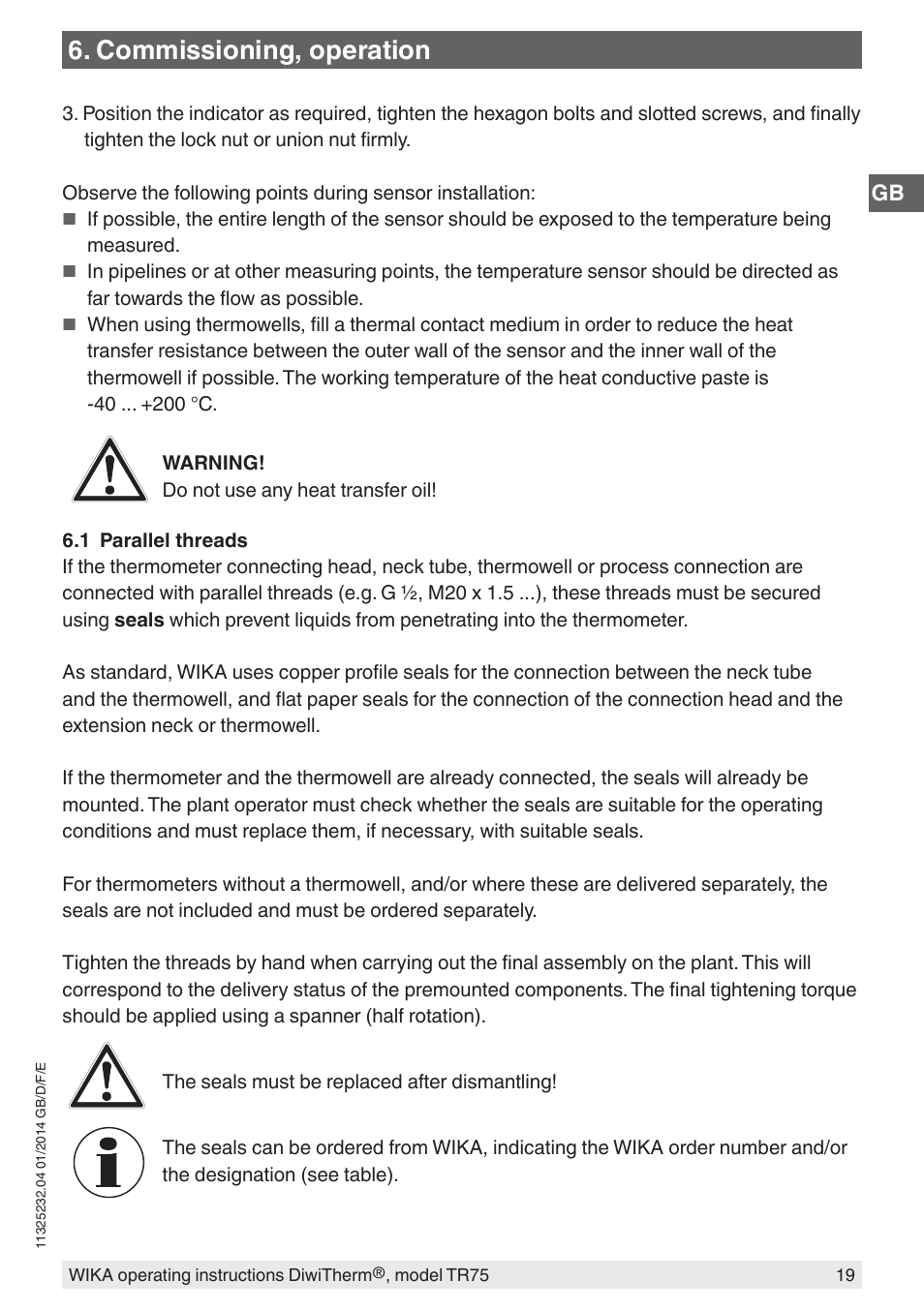 Commissioning, operation | WIKA TR75 User Manual | Page 19 / 92