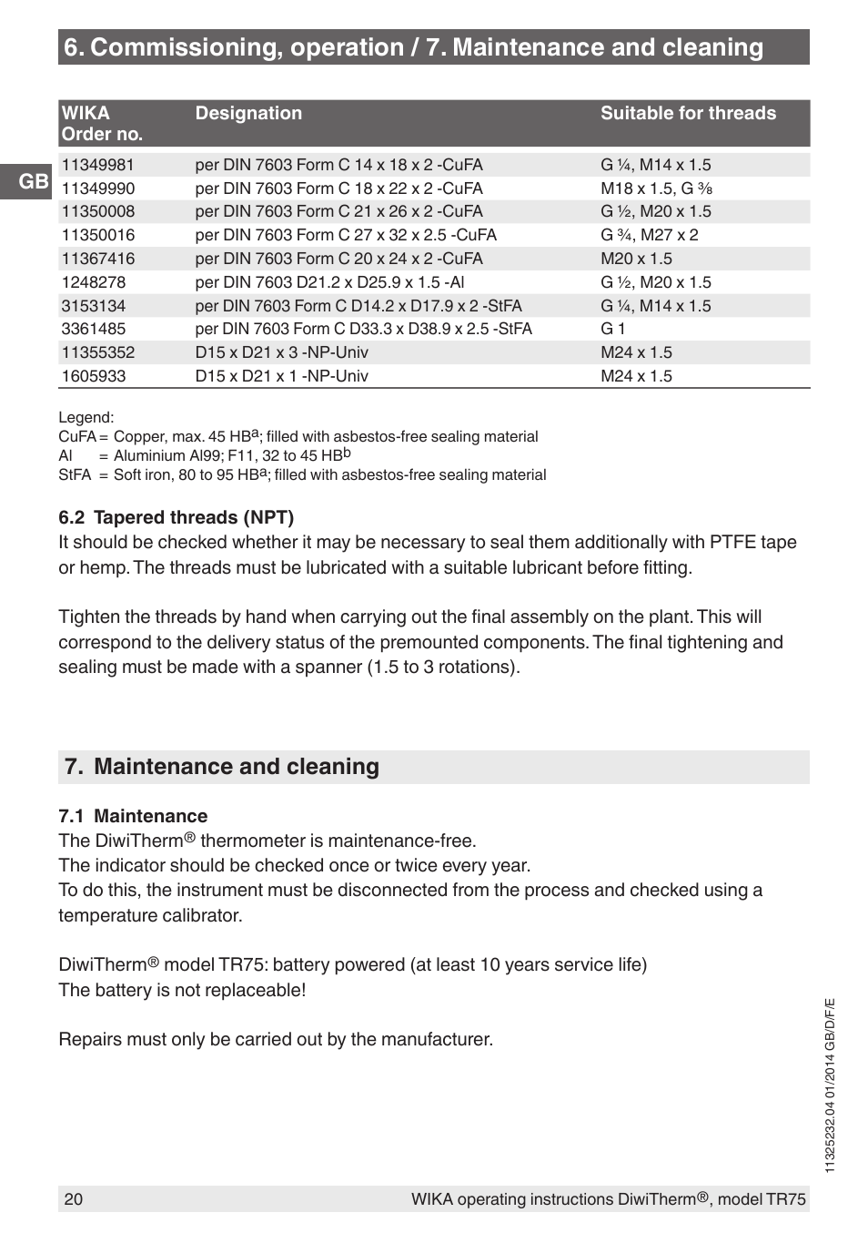 Maintenance and cleaning | WIKA TR75 User Manual | Page 20 / 92
