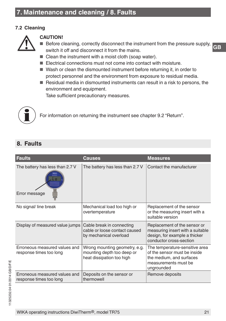 Maintenance and cleaning / 8. faults, Faults | WIKA TR75 User Manual | Page 21 / 92