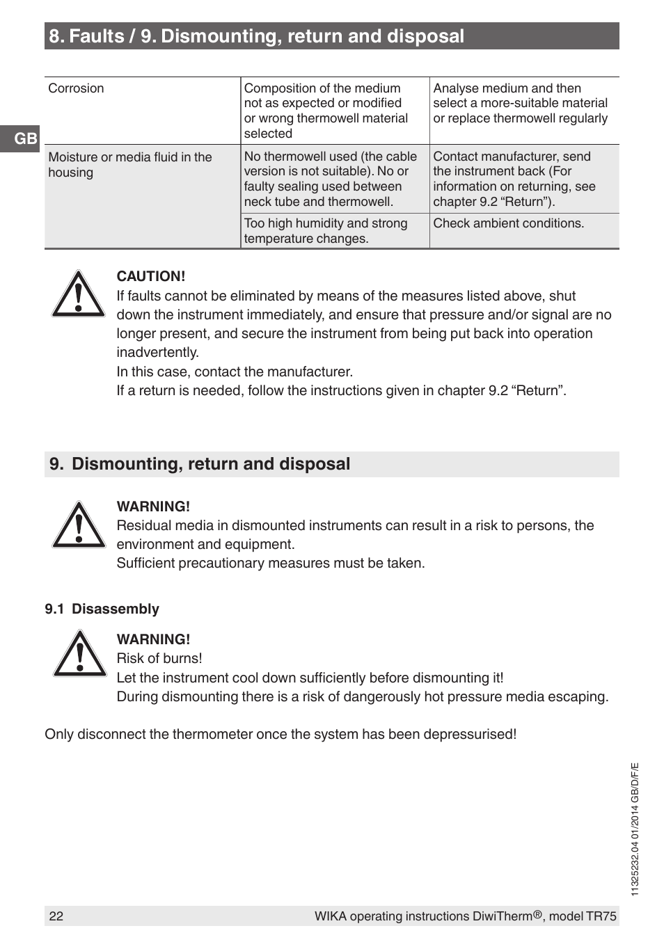 Faults / 9. dismounting, return and disposal, Dismounting, return and disposal | WIKA TR75 User Manual | Page 22 / 92