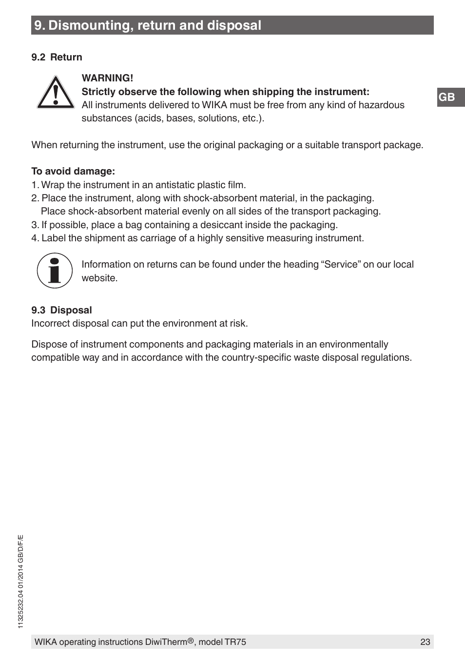 Dismounting, return and disposal | WIKA TR75 User Manual | Page 23 / 92