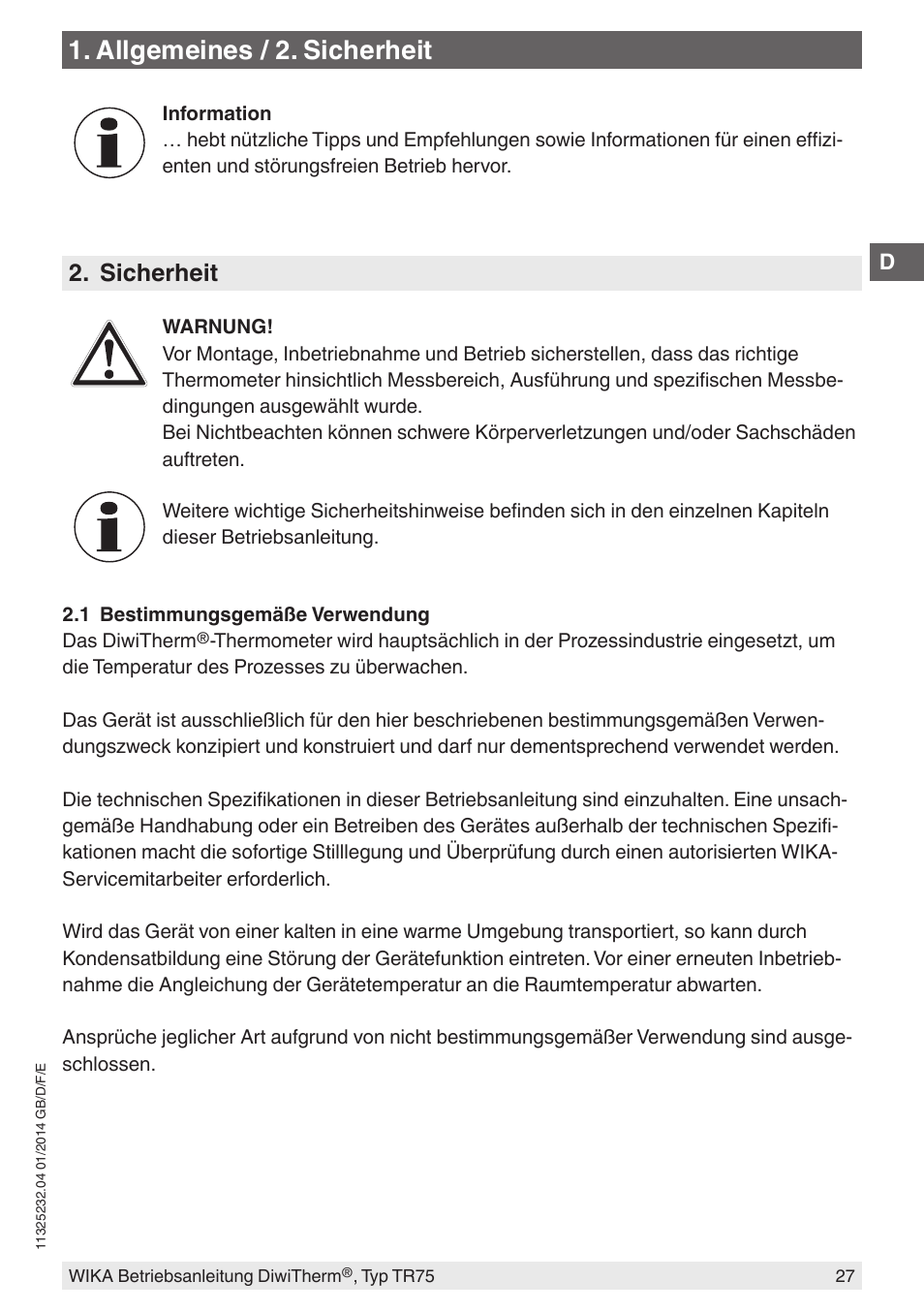 Allgemeines / 2. sicherheit, Sicherheit | WIKA TR75 User Manual | Page 27 / 92