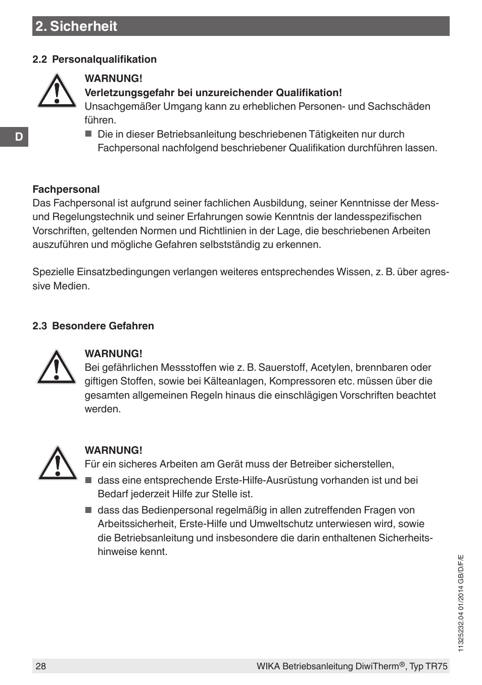 Sicherheit | WIKA TR75 User Manual | Page 28 / 92