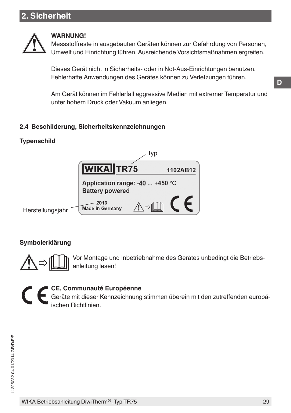 Sicherheit | WIKA TR75 User Manual | Page 29 / 92