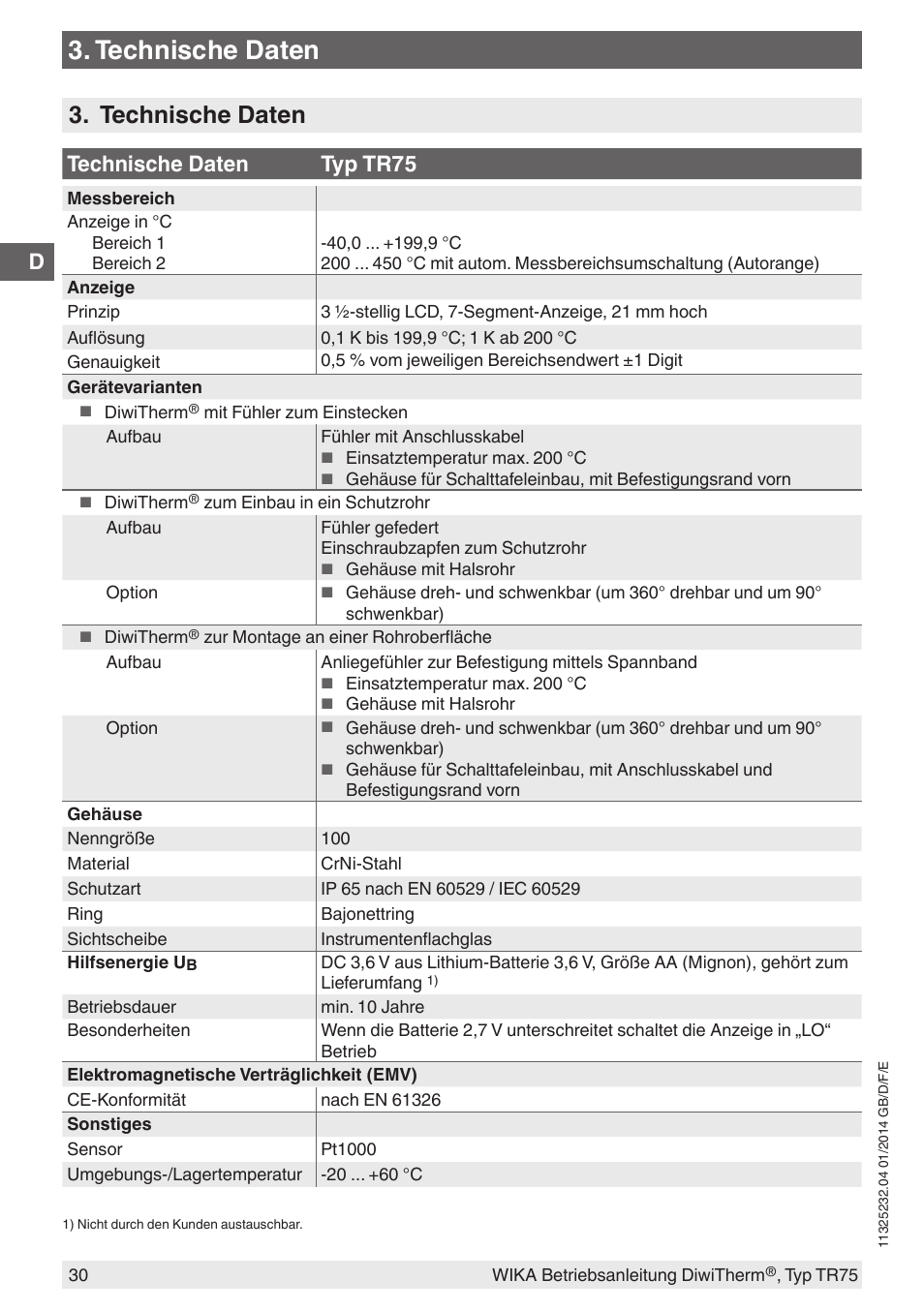 Technische daten, Technische daten typ tr75 | WIKA TR75 User Manual | Page 30 / 92