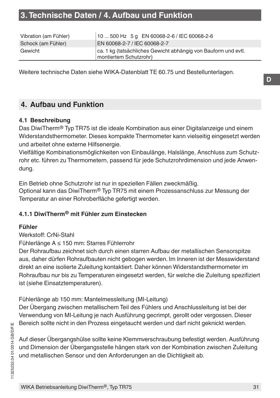 Technische daten / 4. aufbau und funktion, Aufbau und funktion | WIKA TR75 User Manual | Page 31 / 92