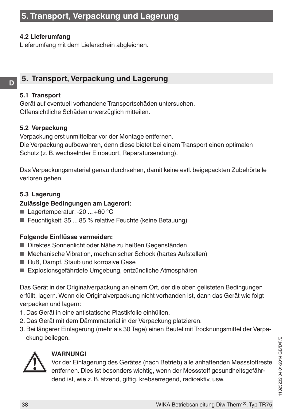 Transport, verpackung und lagerung | WIKA TR75 User Manual | Page 38 / 92