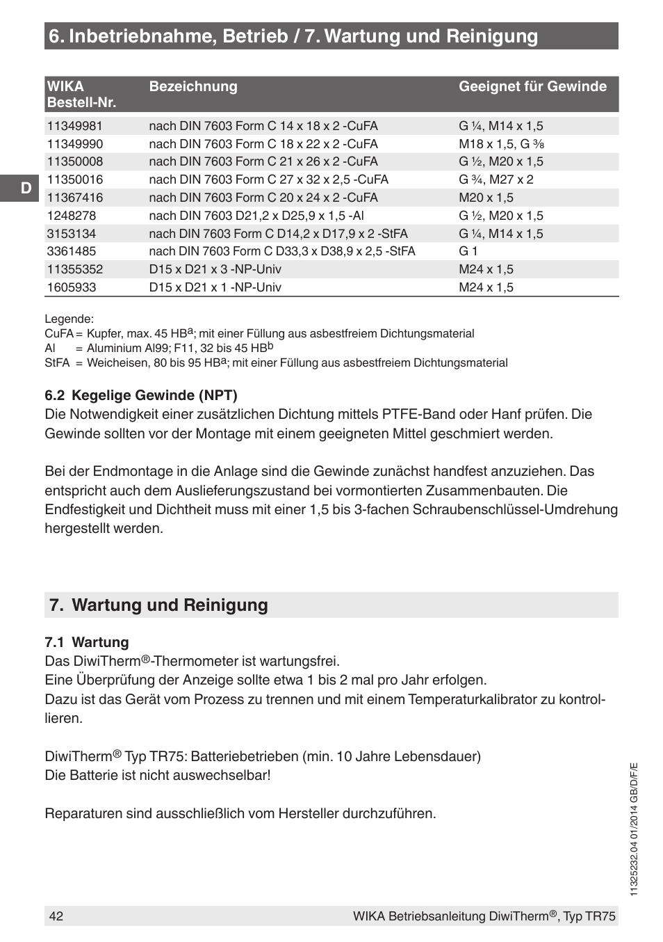 Inbetriebnahme, betrieb / 7. wartung und reinigung, Wartung und reinigung | WIKA TR75 User Manual | Page 42 / 92