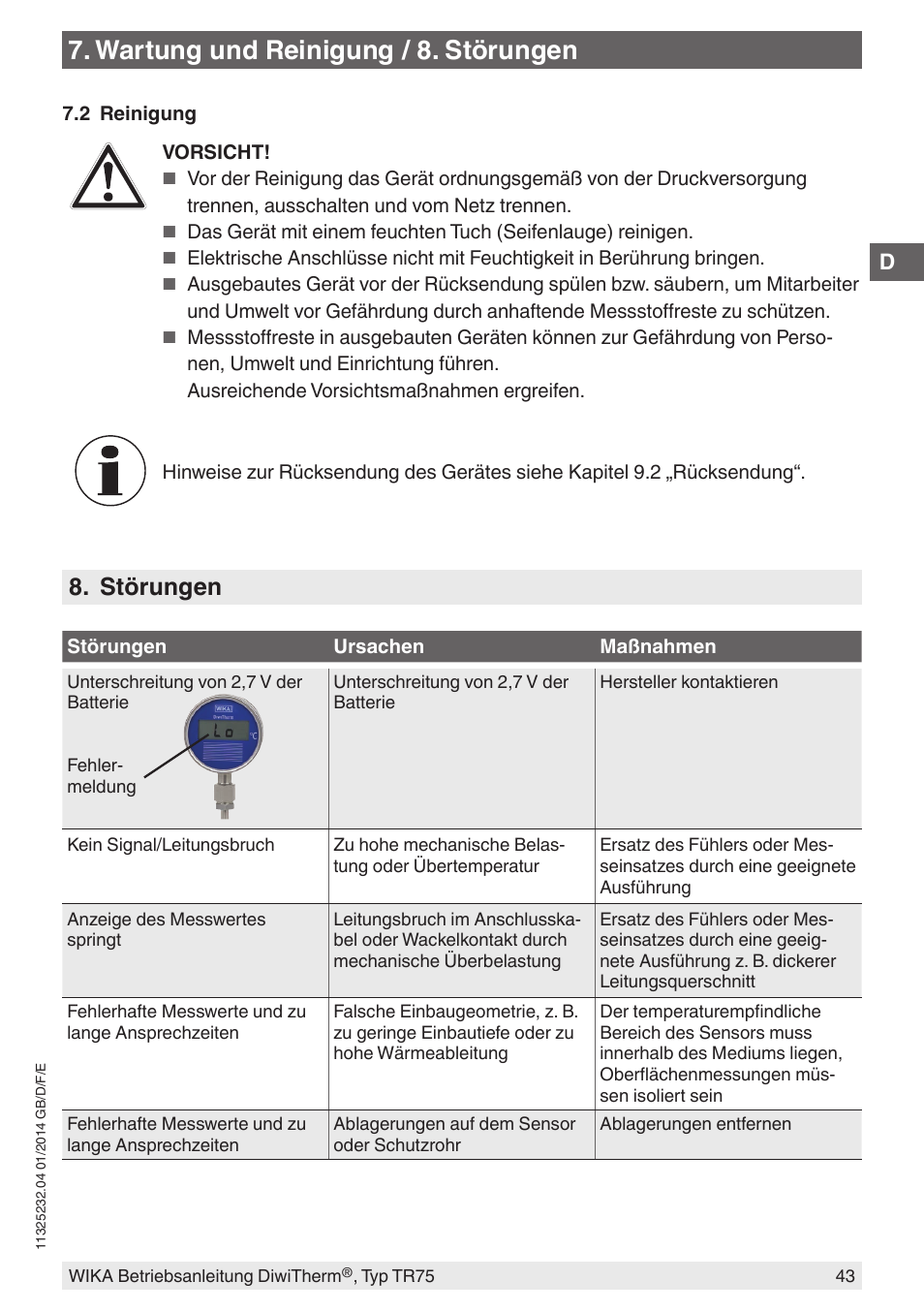 Wartung und reinigung / 8. störungen, Störungen | WIKA TR75 User Manual | Page 43 / 92