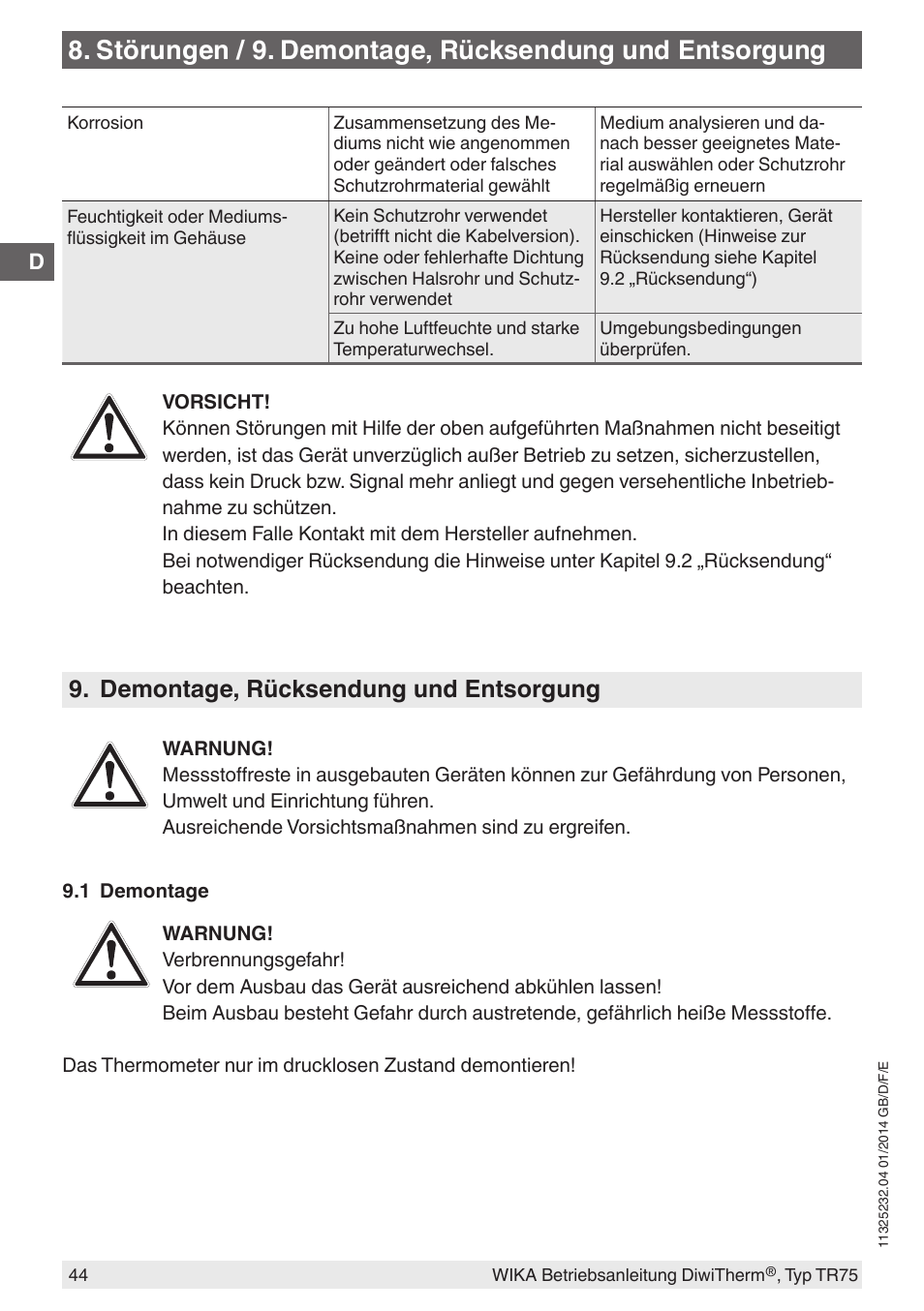 Demontage, rücksendung und entsorgung | WIKA TR75 User Manual | Page 44 / 92