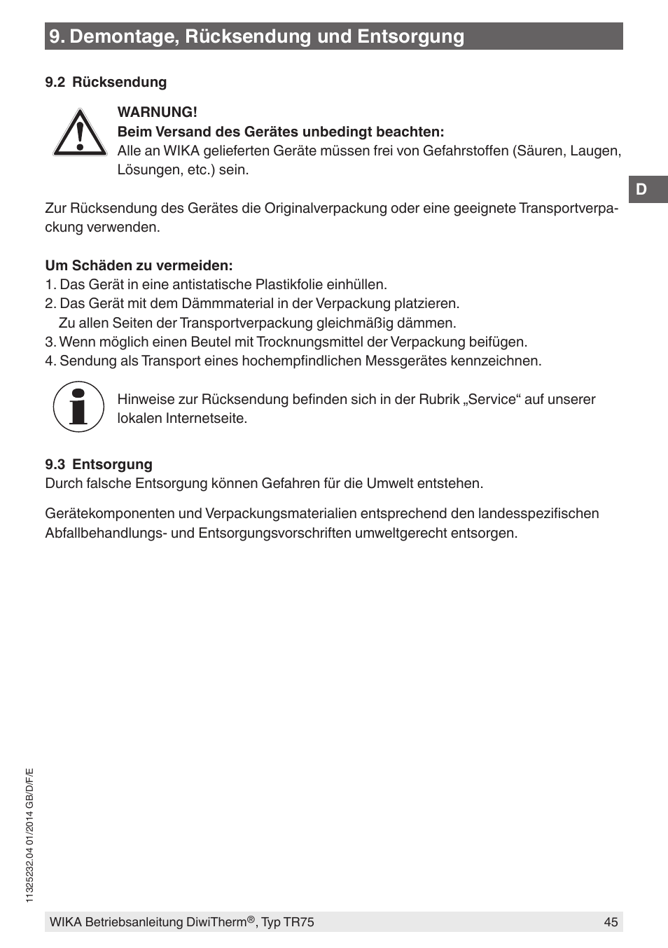 Demontage, rücksendung und entsorgung | WIKA TR75 User Manual | Page 45 / 92