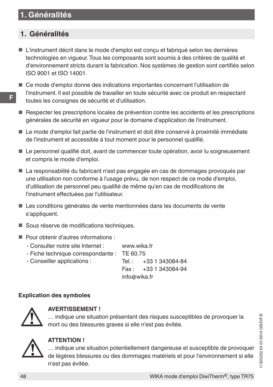 Généralités | WIKA TR75 User Manual | Page 48 / 92