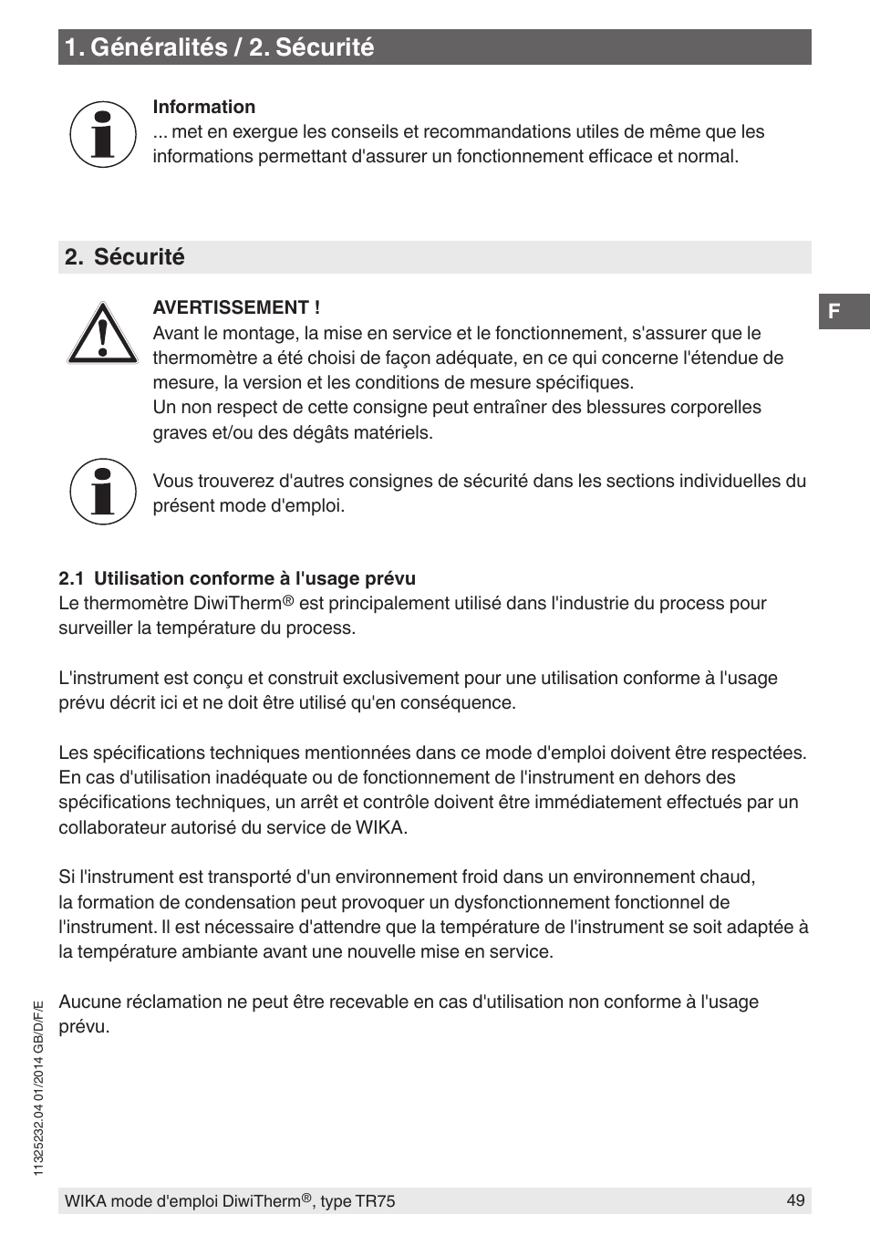 Généralités / 2. sécurité, Sécurité | WIKA TR75 User Manual | Page 49 / 92