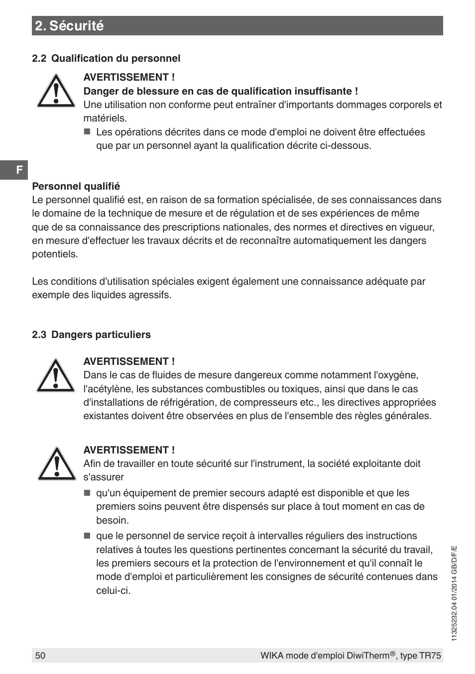 Sécurité | WIKA TR75 User Manual | Page 50 / 92