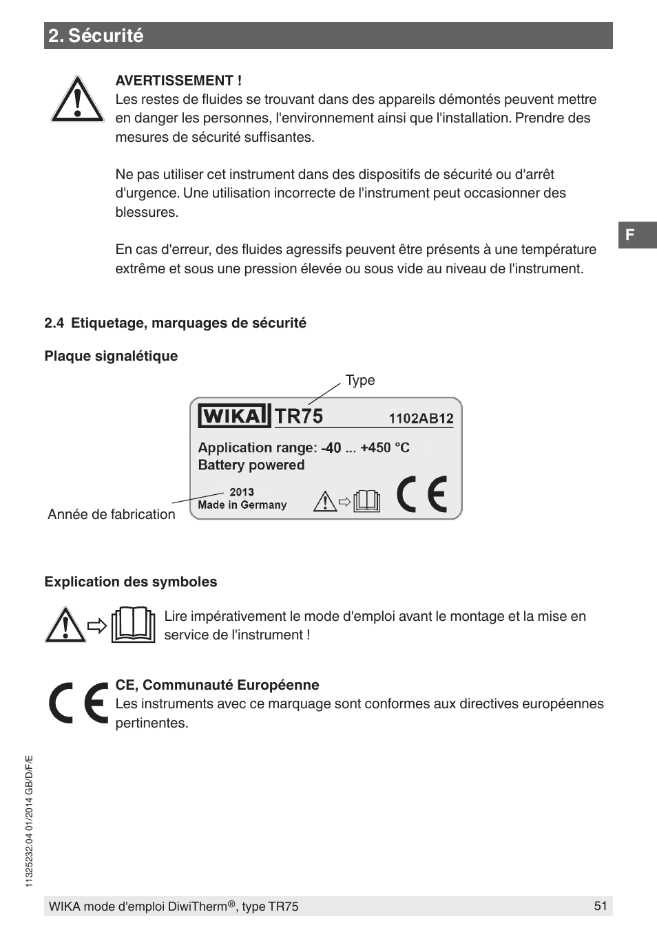 Sécurité | WIKA TR75 User Manual | Page 51 / 92