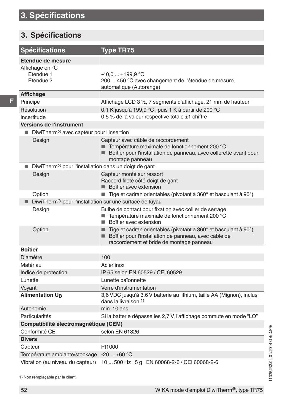 Spécifications, Spécifications type tr75 | WIKA TR75 User Manual | Page 52 / 92
