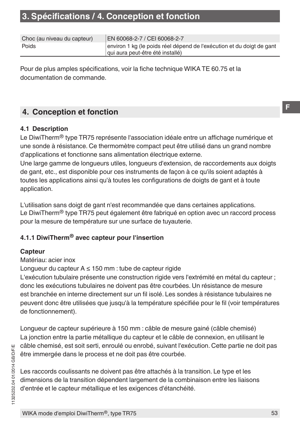 Spécifications / 4. conception et fonction, Conception et fonction | WIKA TR75 User Manual | Page 53 / 92