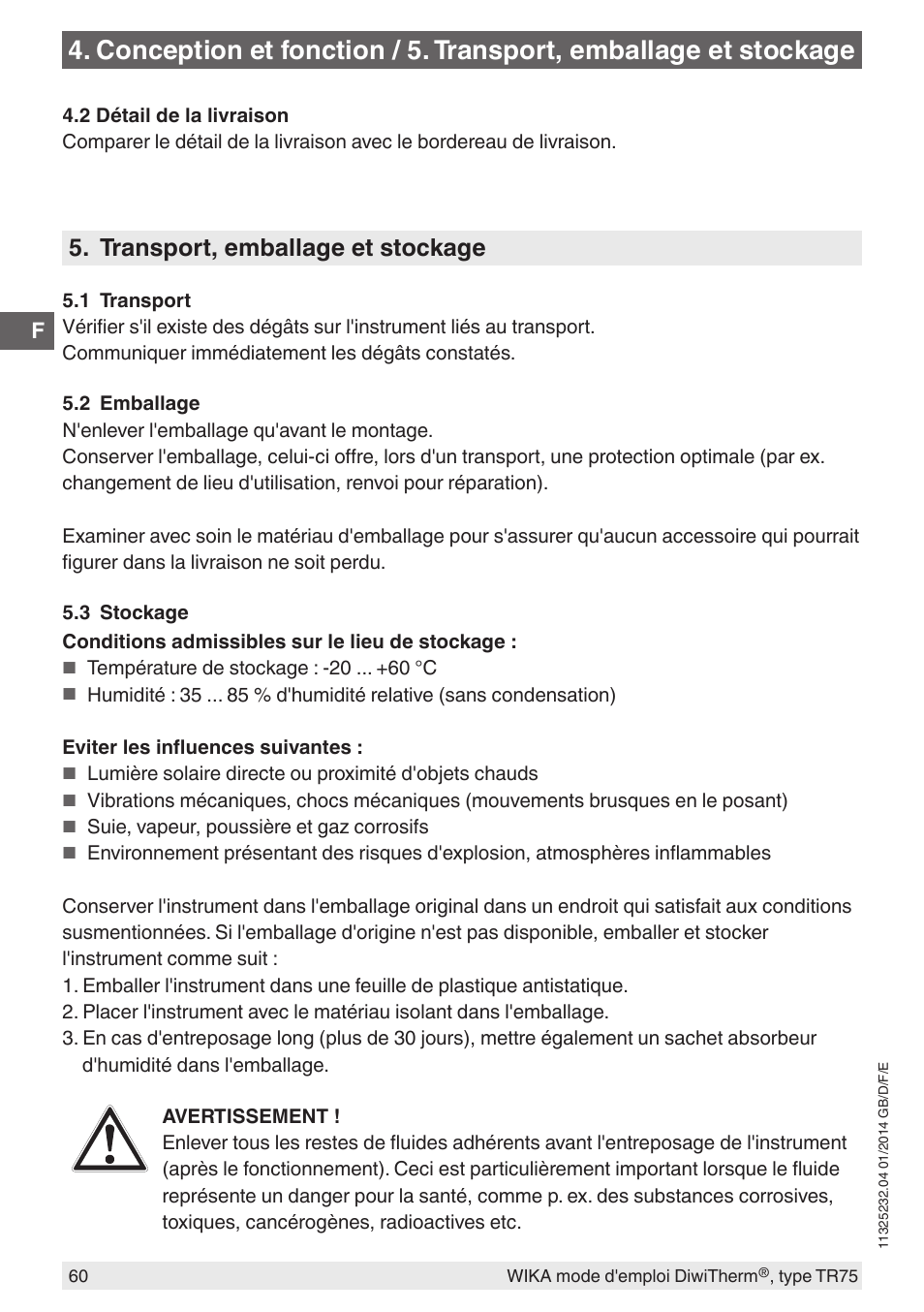 Transport, emballage et stockage | WIKA TR75 User Manual | Page 60 / 92