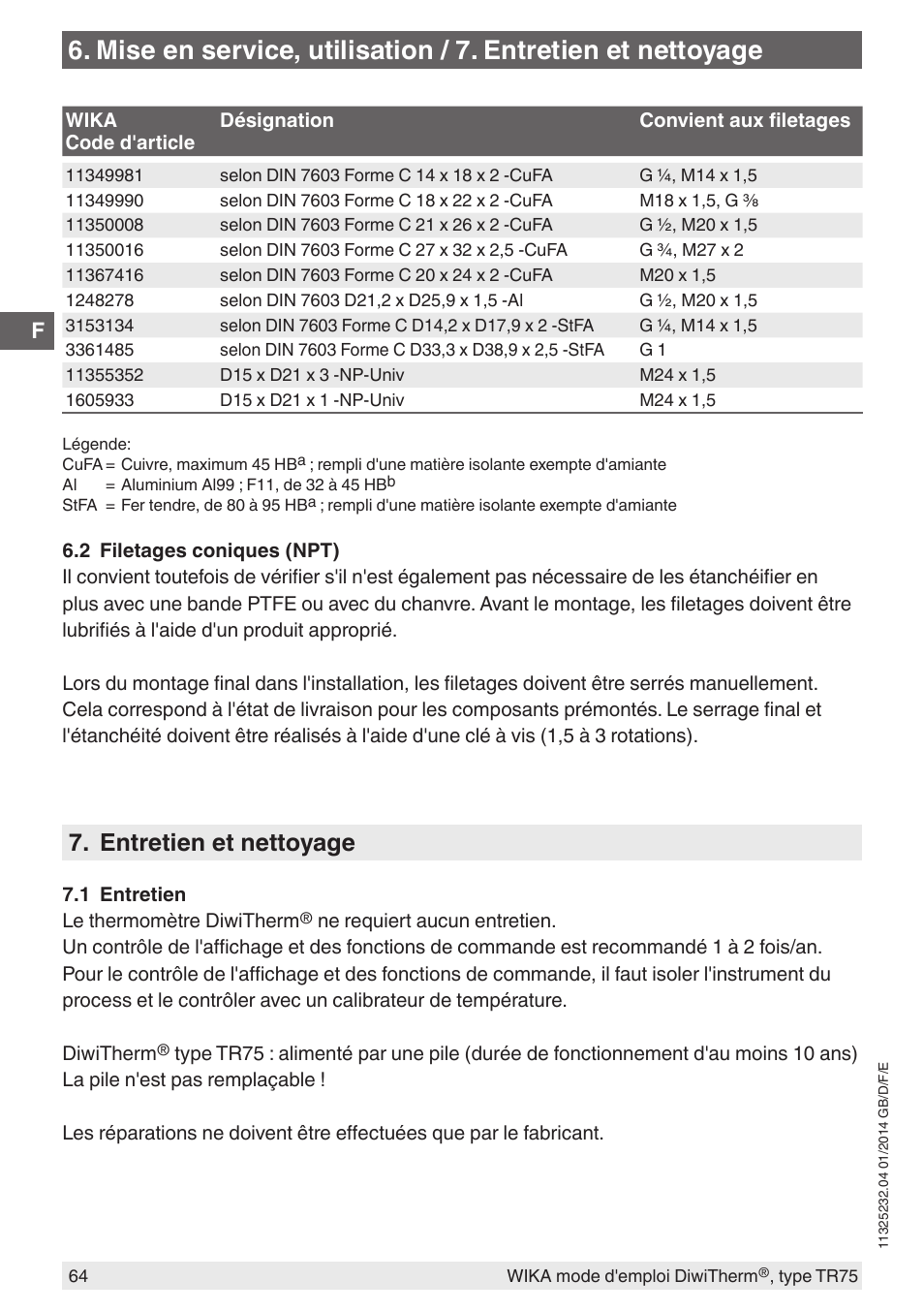 Entretien et nettoyage | WIKA TR75 User Manual | Page 64 / 92