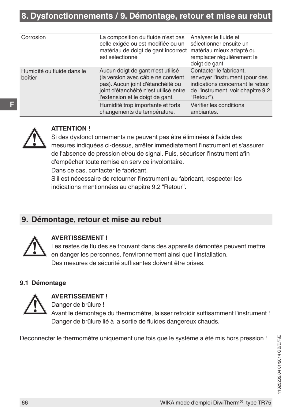 Démontage, retour et mise au rebut | WIKA TR75 User Manual | Page 66 / 92