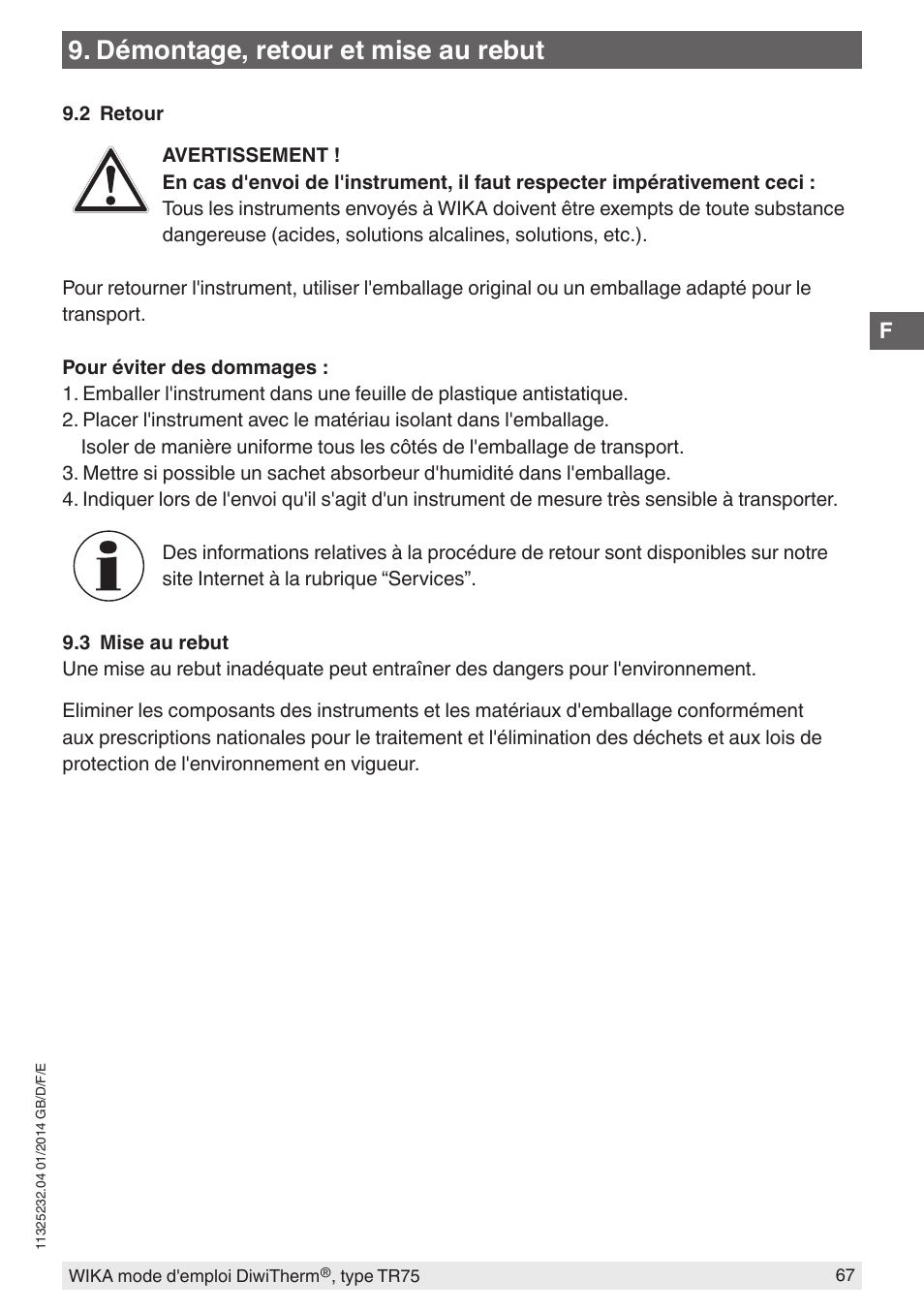 Démontage, retour et mise au rebut | WIKA TR75 User Manual | Page 67 / 92