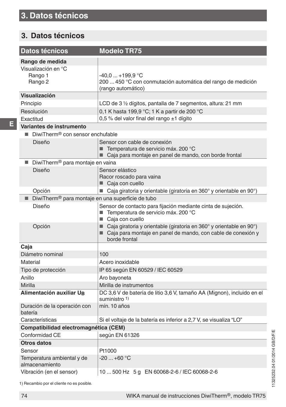 Datos técnicos, Datos técnicos modelo tr75 | WIKA TR75 User Manual | Page 74 / 92