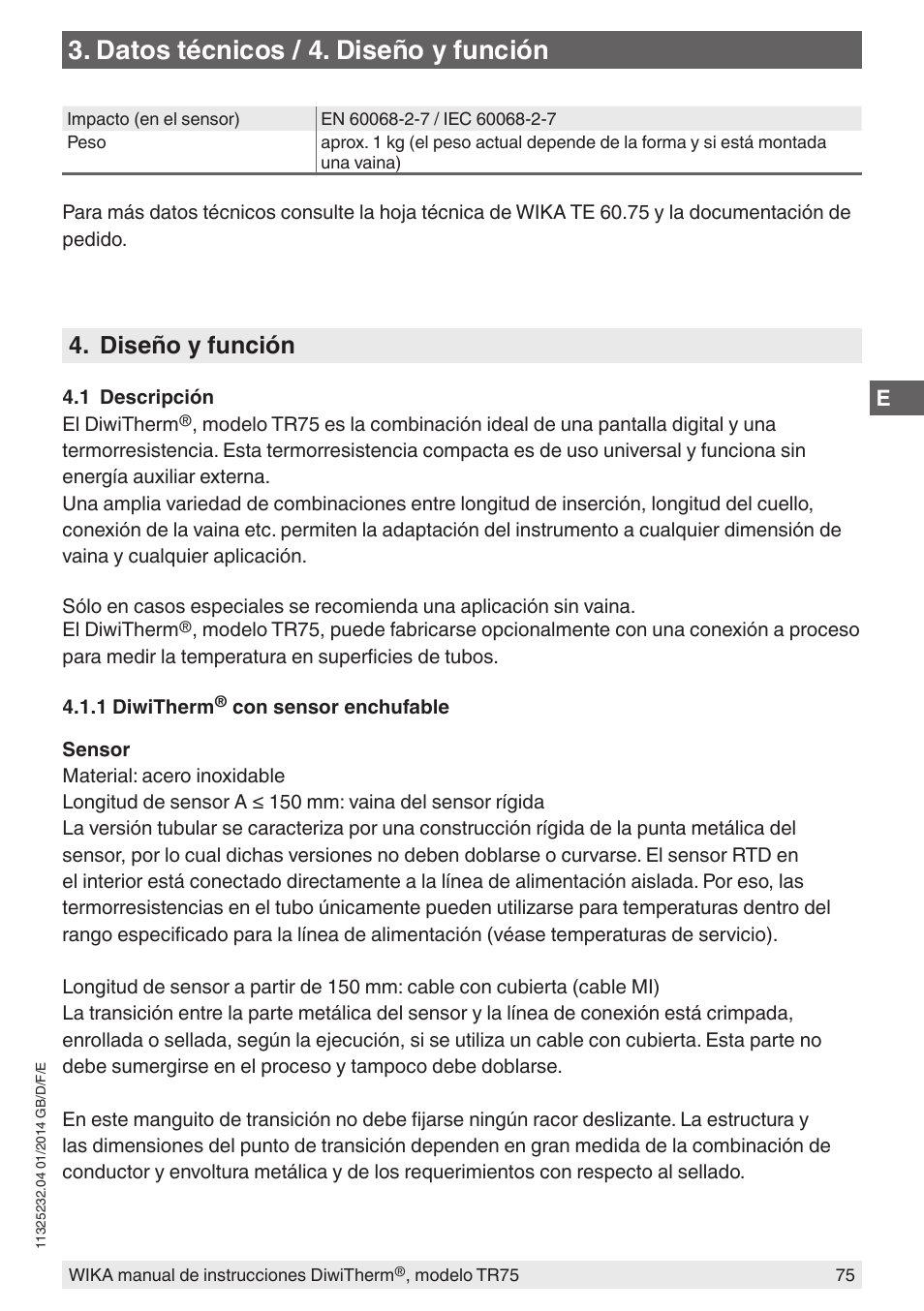 Datos técnicos / 4. diseño y función, Diseño y función | WIKA TR75 User Manual | Page 75 / 92
