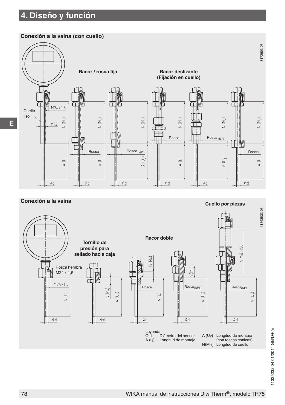 Diseño y función, 78 wika manual de instrucciones diwitherm, Modelo tr75 | Conexión a la vaina (con cuello), Conexión a la vaina | WIKA TR75 User Manual | Page 78 / 92