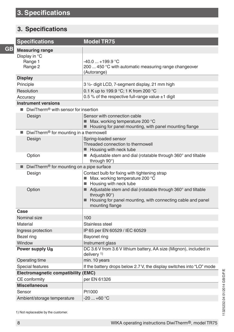 Specifications, Specifications model tr75 | WIKA TR75 User Manual | Page 8 / 92