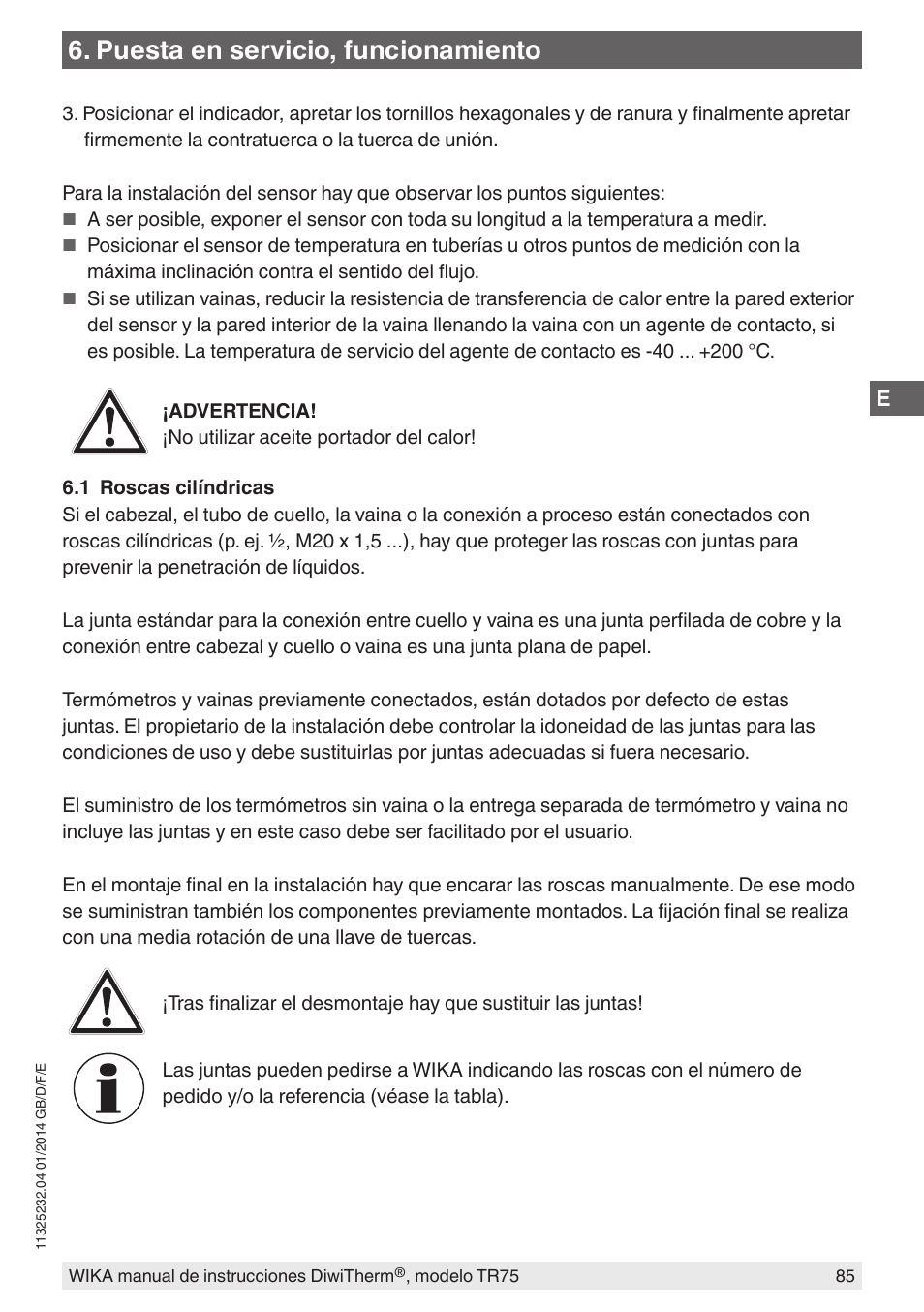 Puesta en servicio, funcionamiento | WIKA TR75 User Manual | Page 85 / 92