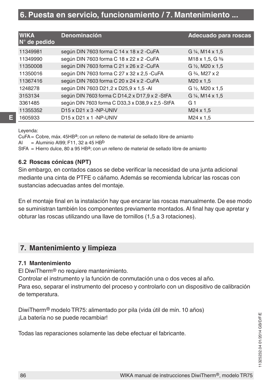 Mantenimiento y limpieza | WIKA TR75 User Manual | Page 86 / 92