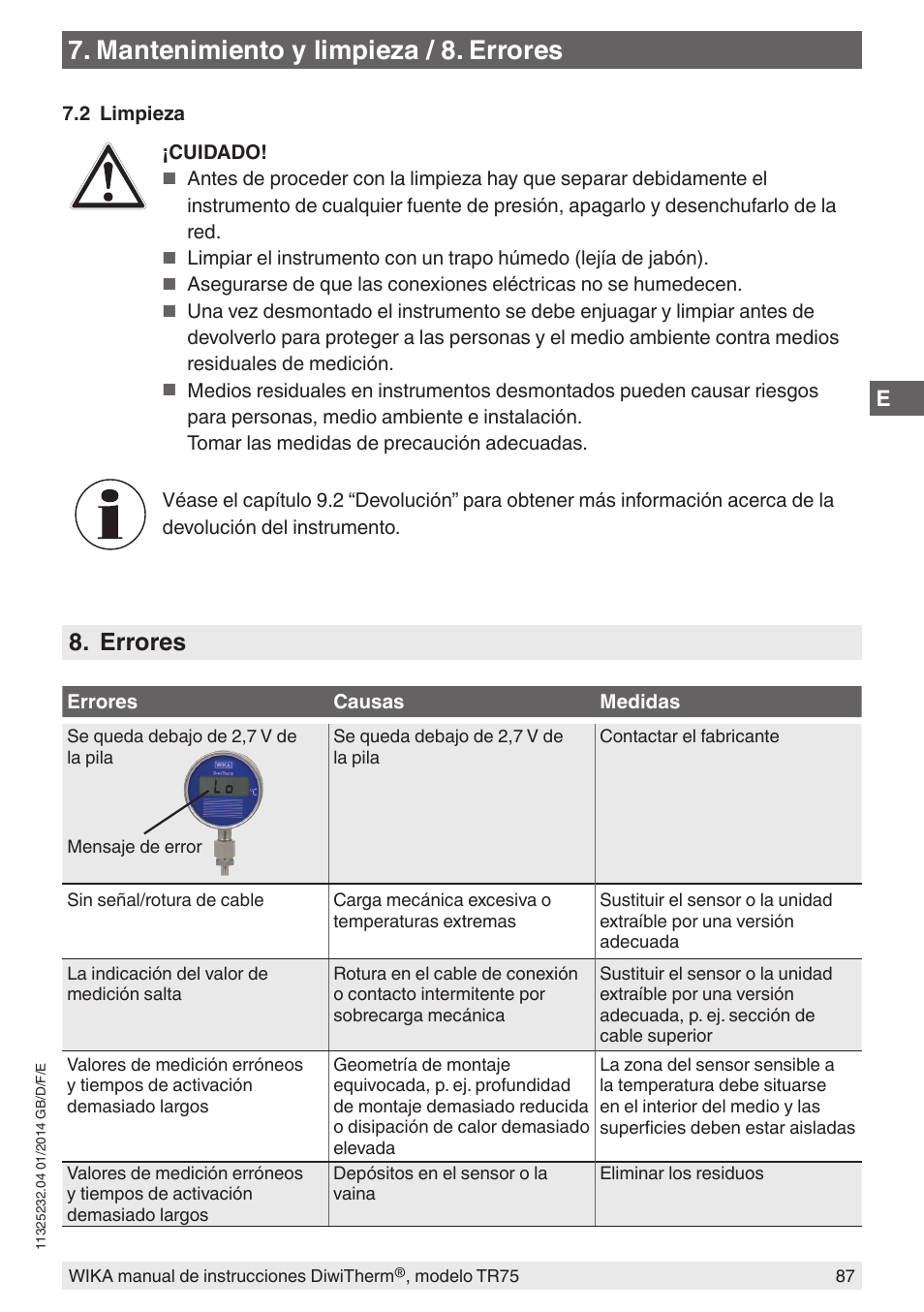 Mantenimiento y limpieza / 8. errores, Errores | WIKA TR75 User Manual | Page 87 / 92