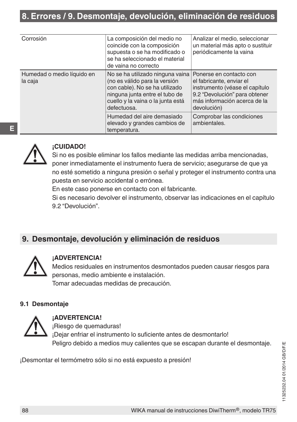 Desmontaje, devolución y eliminación de residuos | WIKA TR75 User Manual | Page 88 / 92