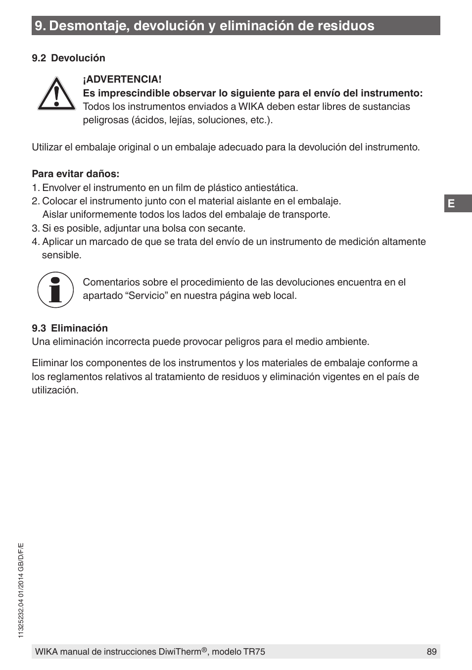 Desmontaje, devolución y eliminación de residuos | WIKA TR75 User Manual | Page 89 / 92