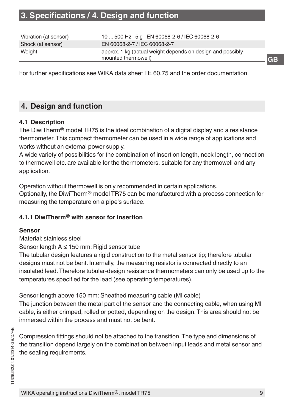 Specifications / 4. design and function, Design and function | WIKA TR75 User Manual | Page 9 / 92