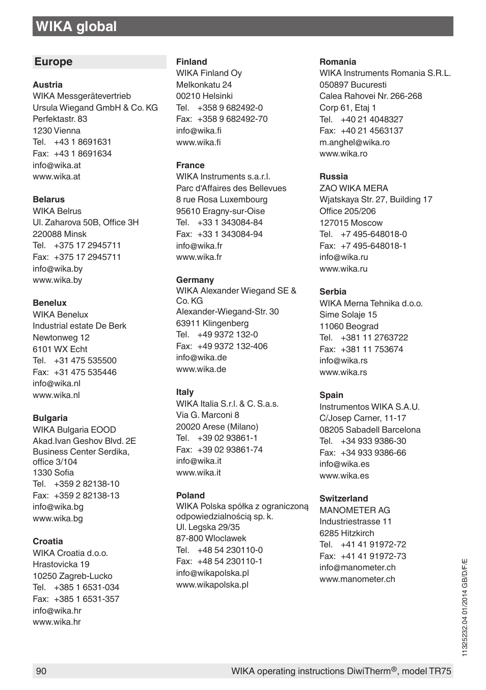 Wika global, Europe | WIKA TR75 User Manual | Page 90 / 92
