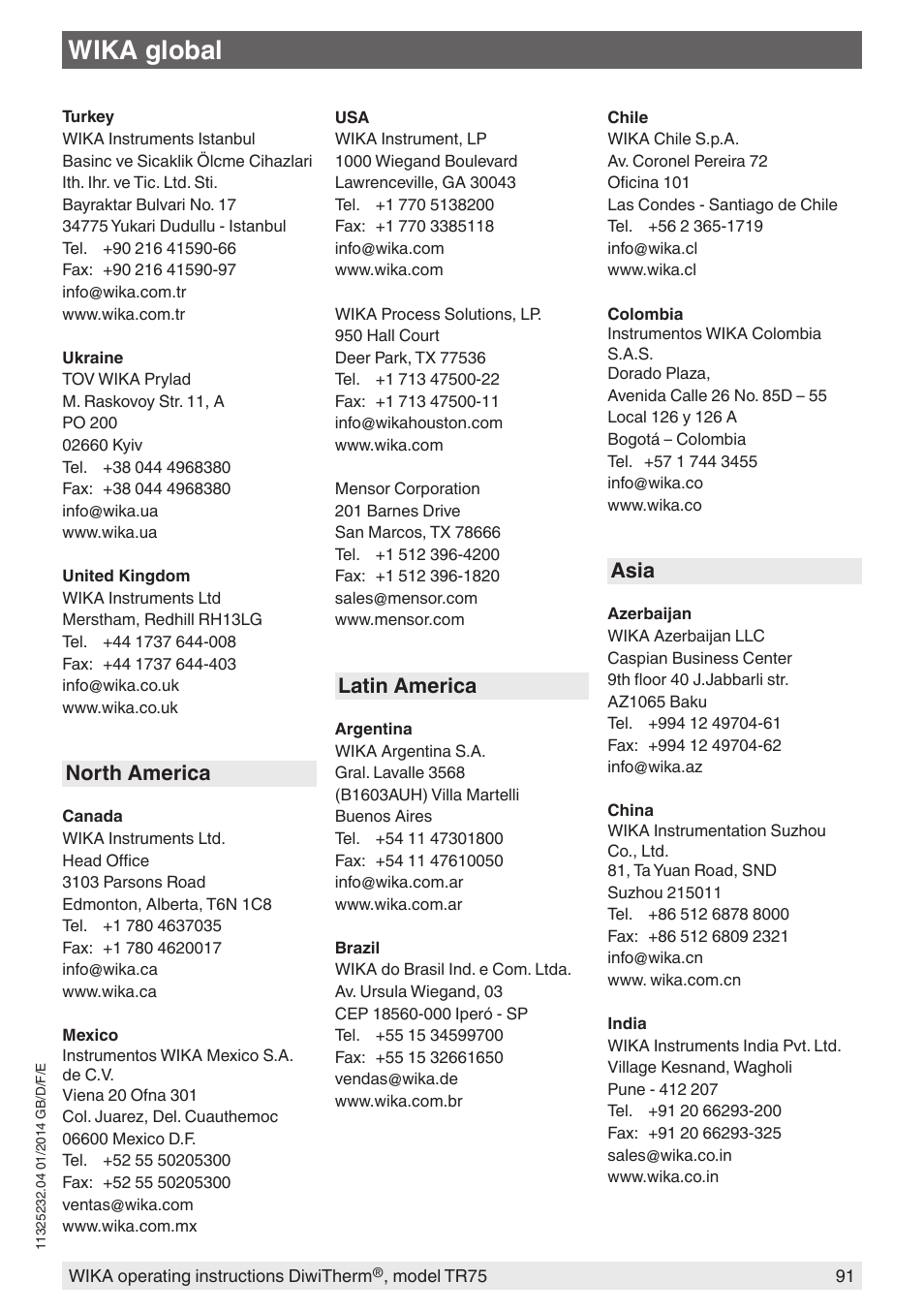 Wika global, North america, Latin america | Asia | WIKA TR75 User Manual | Page 91 / 92
