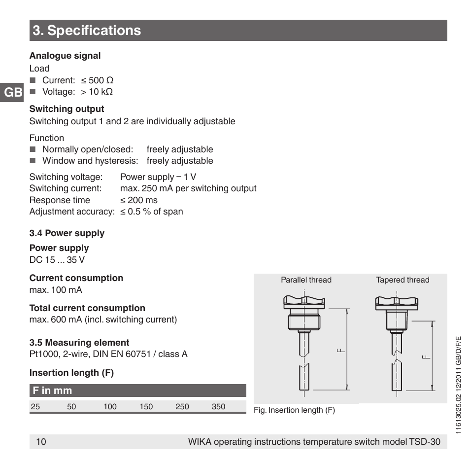 Specifications, F in mm | WIKA TSD-30 User Manual | Page 10 / 100