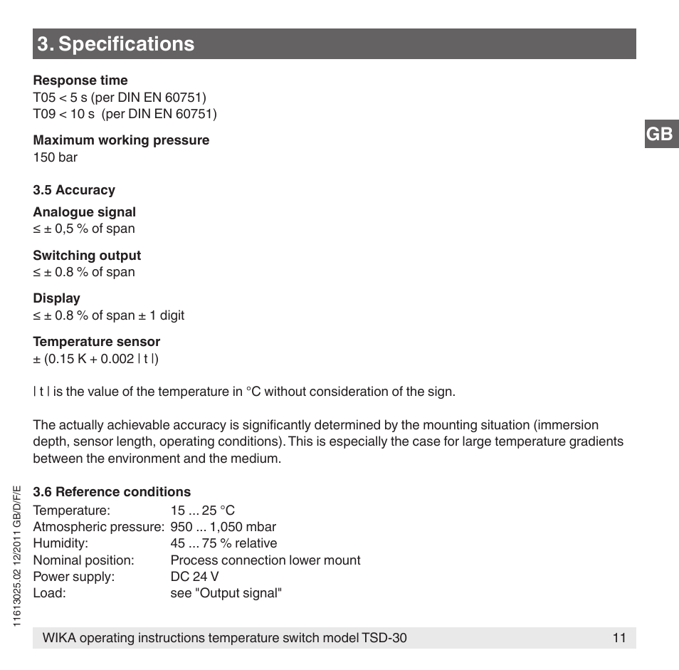 Specifications | WIKA TSD-30 User Manual | Page 11 / 100