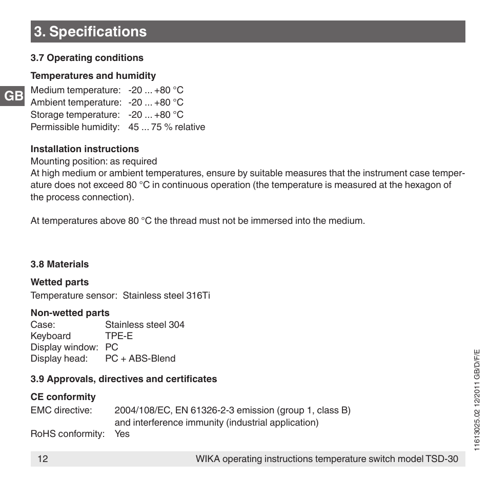 Specifications | WIKA TSD-30 User Manual | Page 12 / 100