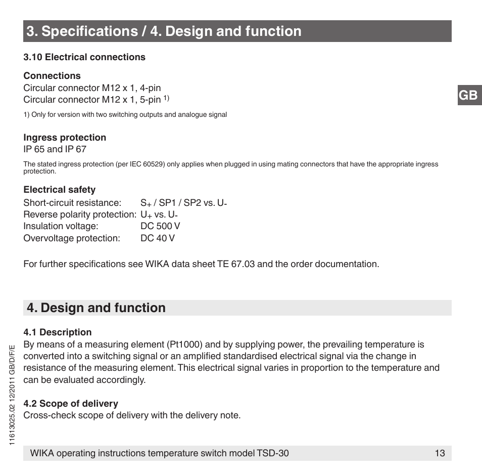 Specifications / 4. design and function, Design and function | WIKA TSD-30 User Manual | Page 13 / 100