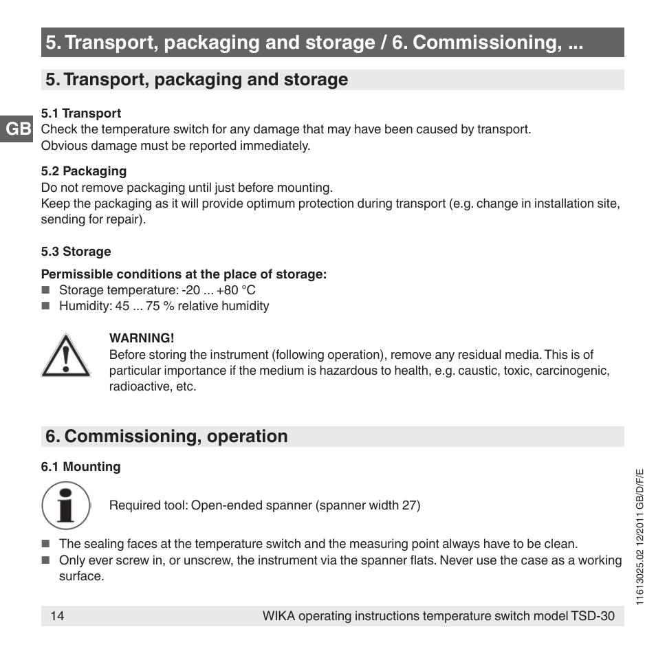 Transport, packaging and storage, Commissioning, operation | WIKA TSD-30 User Manual | Page 14 / 100