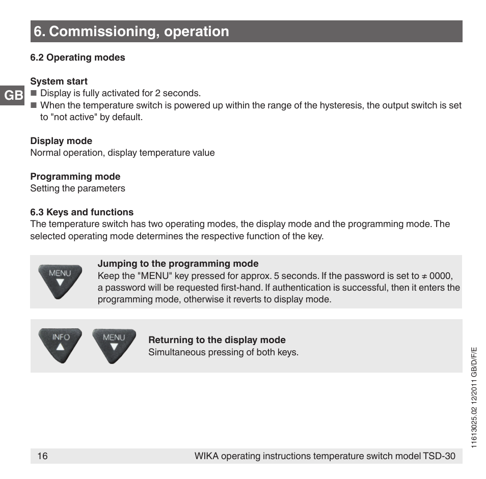 Commissioning, operation | WIKA TSD-30 User Manual | Page 16 / 100