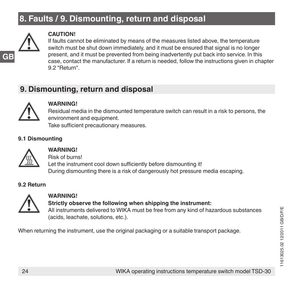 Faults / 9. dismounting, return and disposal, Dismounting, return and disposal | WIKA TSD-30 User Manual | Page 24 / 100