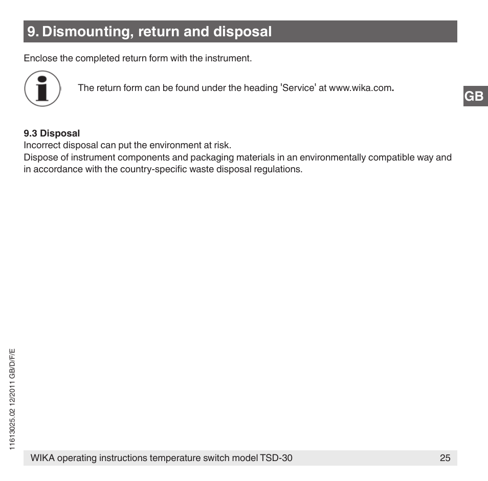 Dismounting, return and disposal | WIKA TSD-30 User Manual | Page 25 / 100