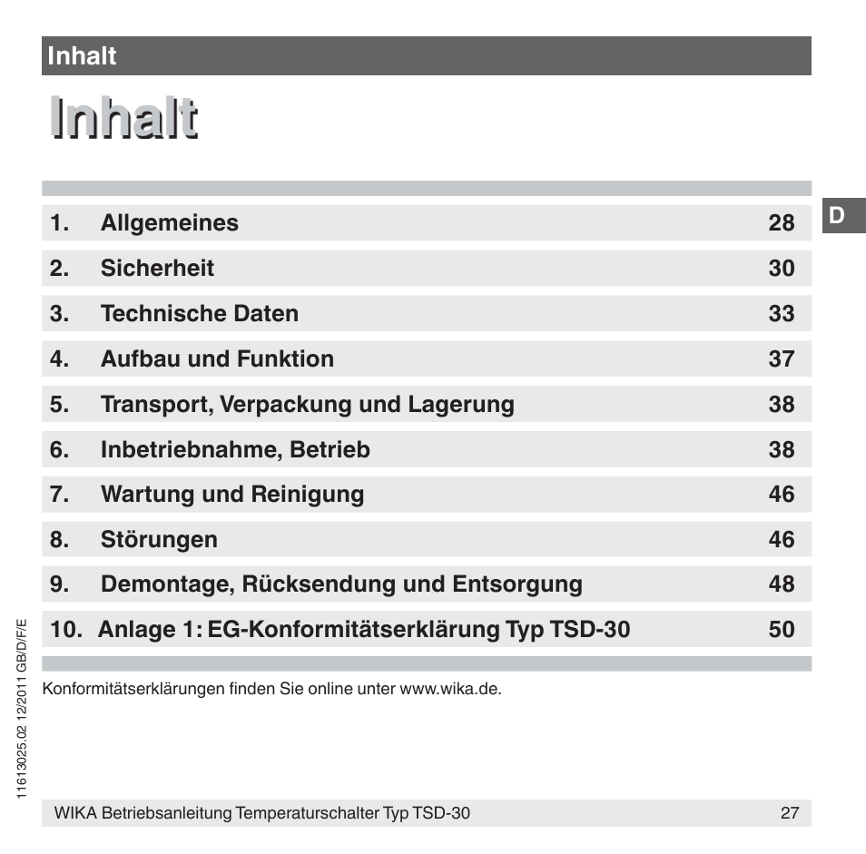 Inhalt | WIKA TSD-30 User Manual | Page 27 / 100