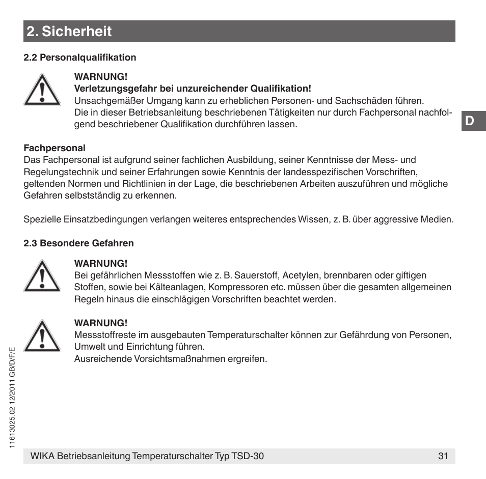 Sicherheit | WIKA TSD-30 User Manual | Page 31 / 100
