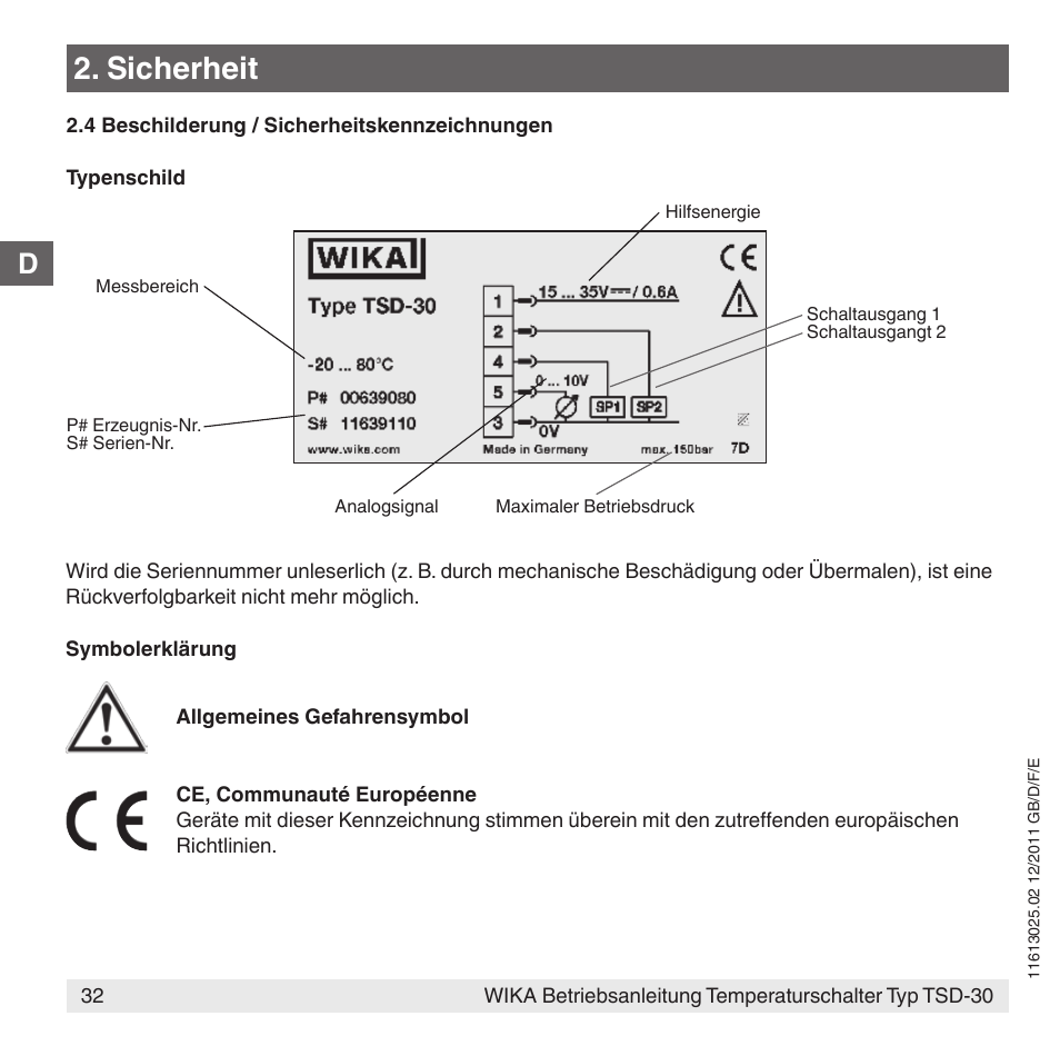 Sicherheit | WIKA TSD-30 User Manual | Page 32 / 100