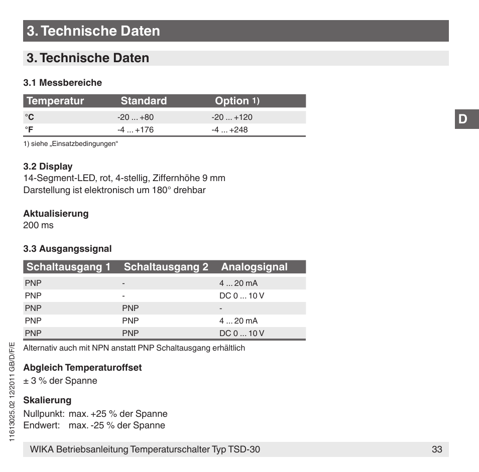 Technische daten | WIKA TSD-30 User Manual | Page 33 / 100